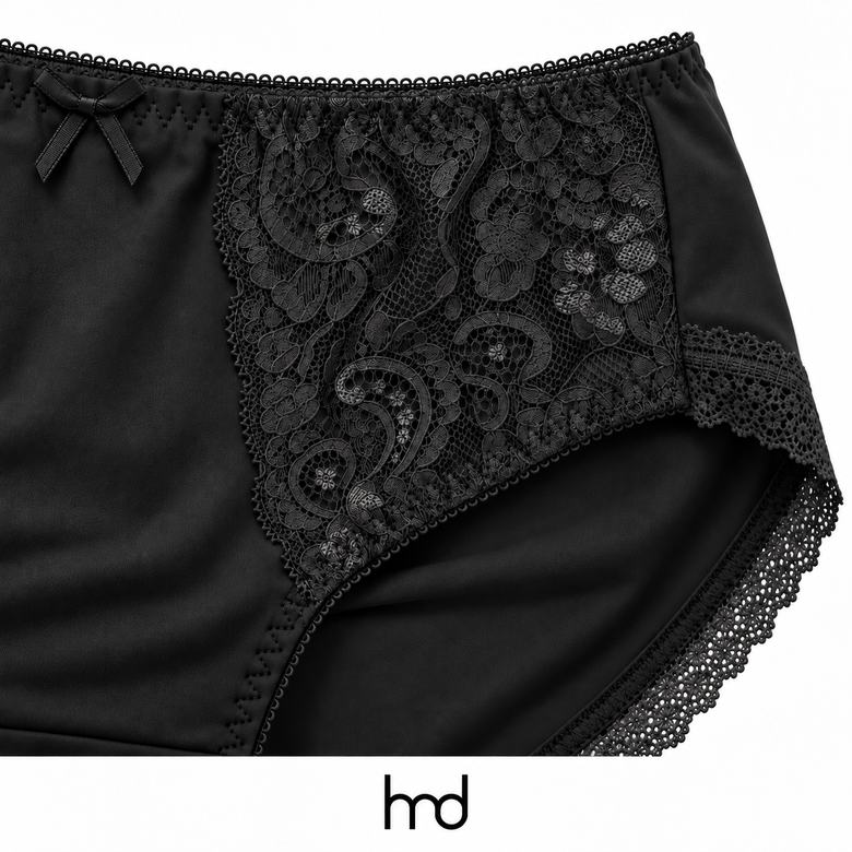 Quần lót nữ ren hai bên cạp cao màu đen, cận viền ống