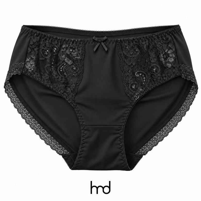 Quần lót nữ ren hai bên cạp cao màu đen, chính diện